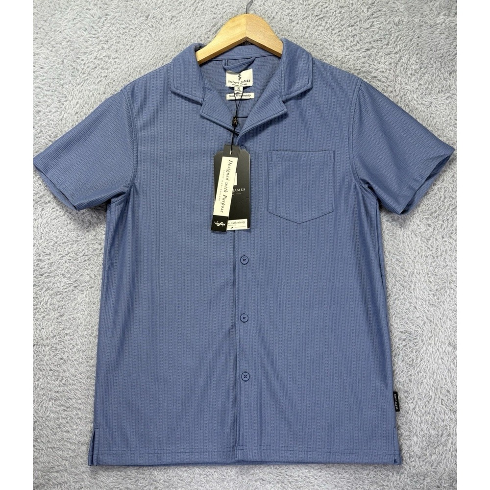 Scott James Mens Blue Textured Knit Shirt S Button Front Short Sleeve Casual NWT